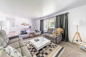 Living room featuring light colored carpet and a textured ceiling