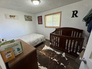 Bedroom featuring dark hardwood / wood-style floors and a textured ceiling