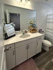 Bathroom with hardwood / wood-style flooring, vanity, a shower with shower curtain, and toilet