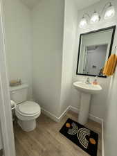 Bathroom with wood-type flooring, toilet, and sink