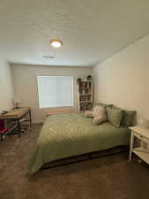 Carpeted bedroom with a textured ceiling