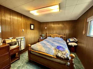 Carpeted bedroom featuring wooden walls