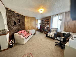 Living area with light carpet and wooden walls