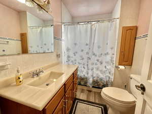 Bathroom with tile walls, vanity, toilet, and a shower with shower curtain