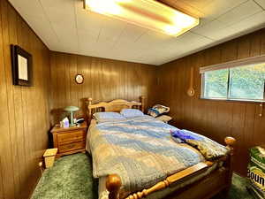 Carpeted bedroom featuring wooden walls