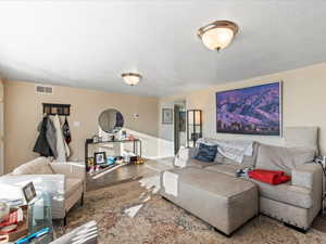 Living room with wood-type flooring and a textured ceiling