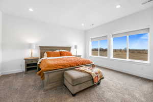 Bedroom featuring dark colored carpet