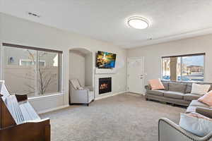 Living room with carpet floors and a textured ceiling