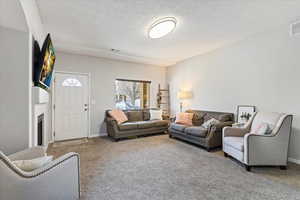 Carpeted living room with a textured ceiling