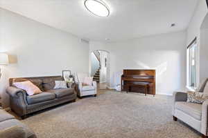 Living room with light colored carpet