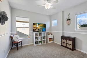 Rec room with light colored carpet and ceiling fan