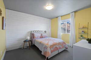 Carpeted bedroom with a textured ceiling and wood walls