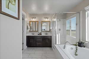 Bathroom with vanity and separate shower and tub