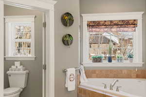 Master Bathroom featuring a relaxing tiled tub and toilet