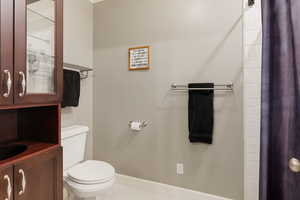 Bathroom featuring vanity, toilet, and shower