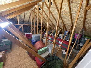 View of attic storage above garage.