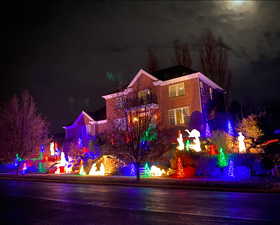 Exterior space lite up with holiday lighting