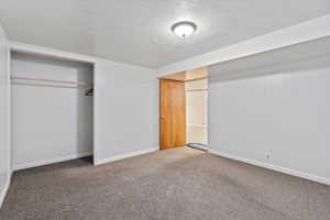 Unfurnished bedroom featuring carpet floors, a textured ceiling, and a closet