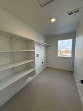 Clothes washing area with gas dryer hookup, hookup for an electric dryer, hookup for a washing machine, and a textured ceiling