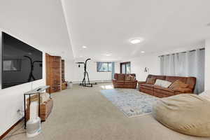 Living room featuring decorative columns, carpet, and baseboard heating