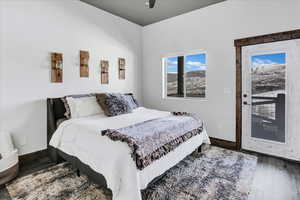 Bedroom featuring dark wood-type flooring, access to outside, and ceiling fan