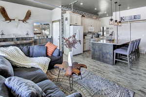 Living room featuring a barn door, light hardwood / wood-style floors, sink, and a wealth of natural light