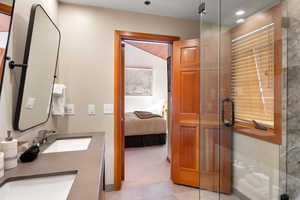 Bathroom with vanity and a shower with shower door