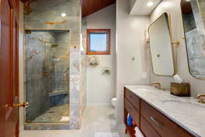 Bathroom with vanity, a shower with door, toilet, and lofted ceiling