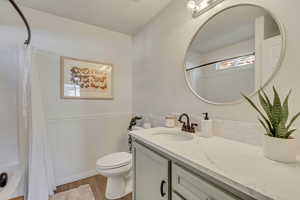 Bathroom with vanity, toilet, and hardwood / wood-style floors