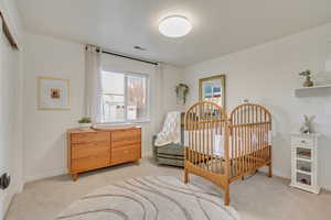 Bedroom with light carpet