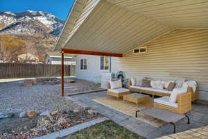 View of patio / terrace with a mountain view and an outdoor hangout area