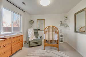 Living area with light colored carpet