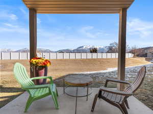 View of patio featuring a mountain view