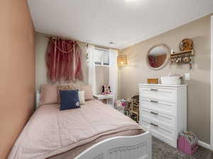 Carpeted bedroom with a textured ceiling