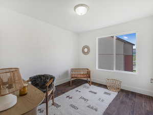 Living area featuring dark wood-type flooring