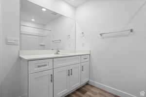 Bathroom with hardwood / wood-style flooring and vanity