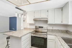 Kitchen with stainless steel electric stove, white cabinetry, a kitchen bar, kitchen peninsula, and light wood-type flooring