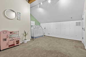 Interior space featuring light carpet, lofted ceiling, and a textured ceiling