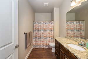 Bathroom featuring wood-type flooring, vanity, a textured ceiling, and toilet