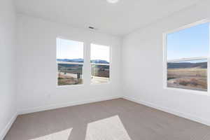 Carpeted spare room featuring a healthy amount of sunlight and a mountain view