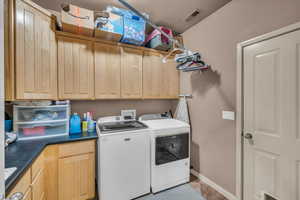 Laundry room with cabinets and washer and dryer