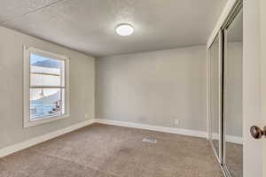 Unfurnished bedroom featuring carpet flooring, a closet, and a textured ceiling