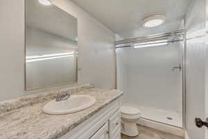 Bathroom featuring walk in shower, toilet, a textured ceiling, vanity, and hardwood / wood-style flooring