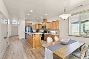 Kitchen with hanging light fixtures, backsplash, stainless steel appliances, a center island, and light wood-type flooring