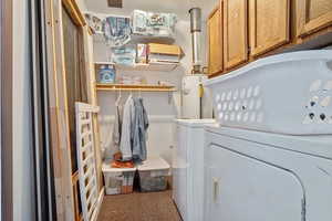 Laundry room featuring separate washer and dryer and water heater