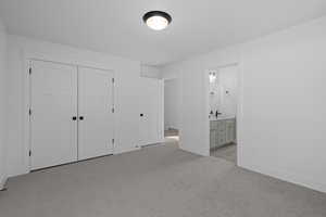 Bedroom featuring a sink, ensuite Jack-n-Jill bath, light-colored carpet, and a closet