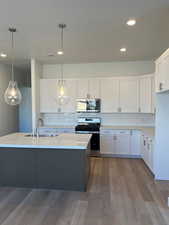 Kitchen with hanging light fixtures, stainless steel appliances, and white cabinets