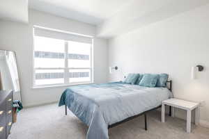 Bedroom featuring light carpet