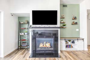 Living room featuring wood-type flooring and a fireplace