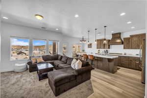 Living room with sink, light hardwood / wood-style floors, and a textured ceiling